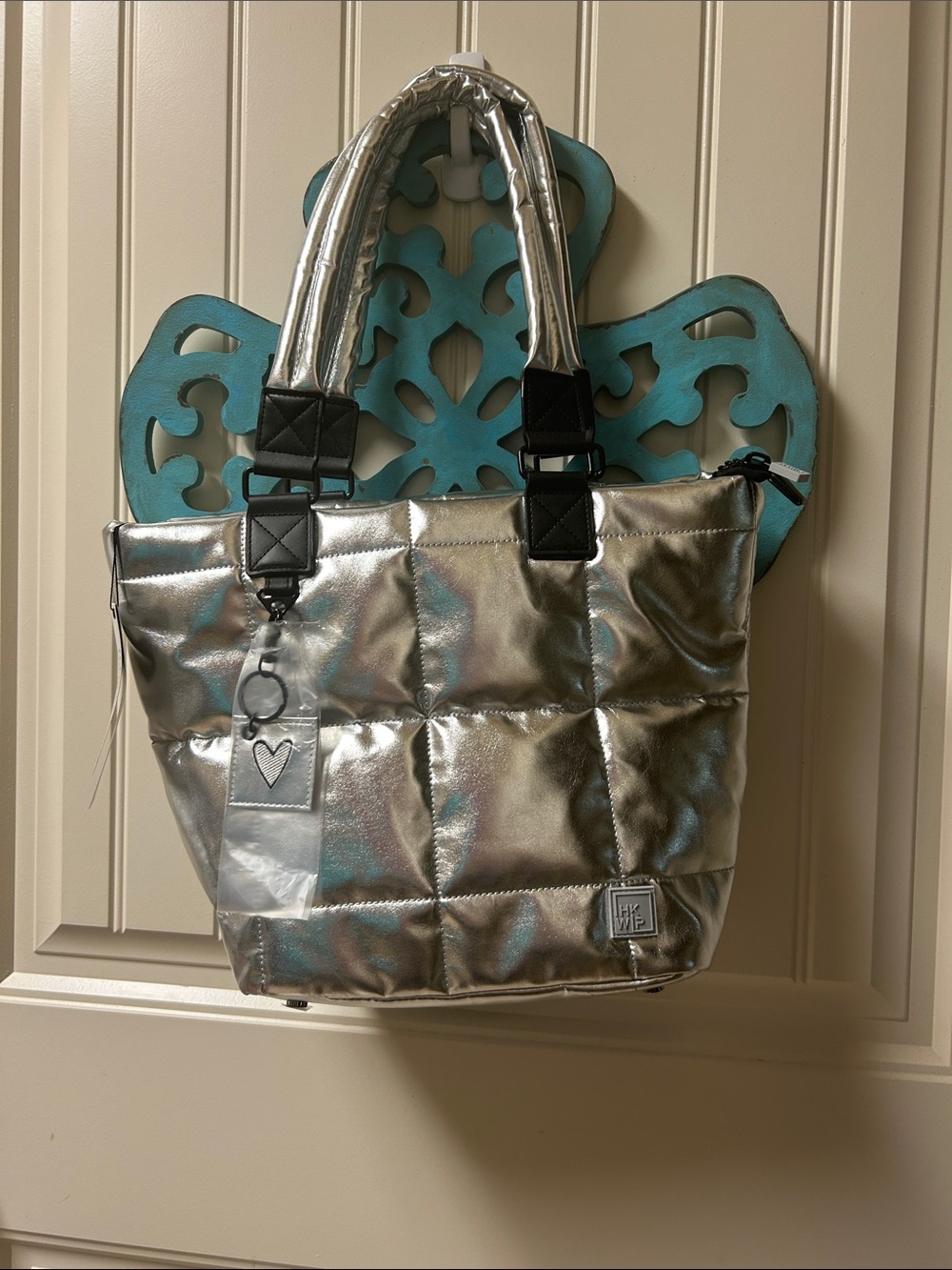 Super cute!! Metallic Silver Quilted Tote with Heart Charm by shawn killinger